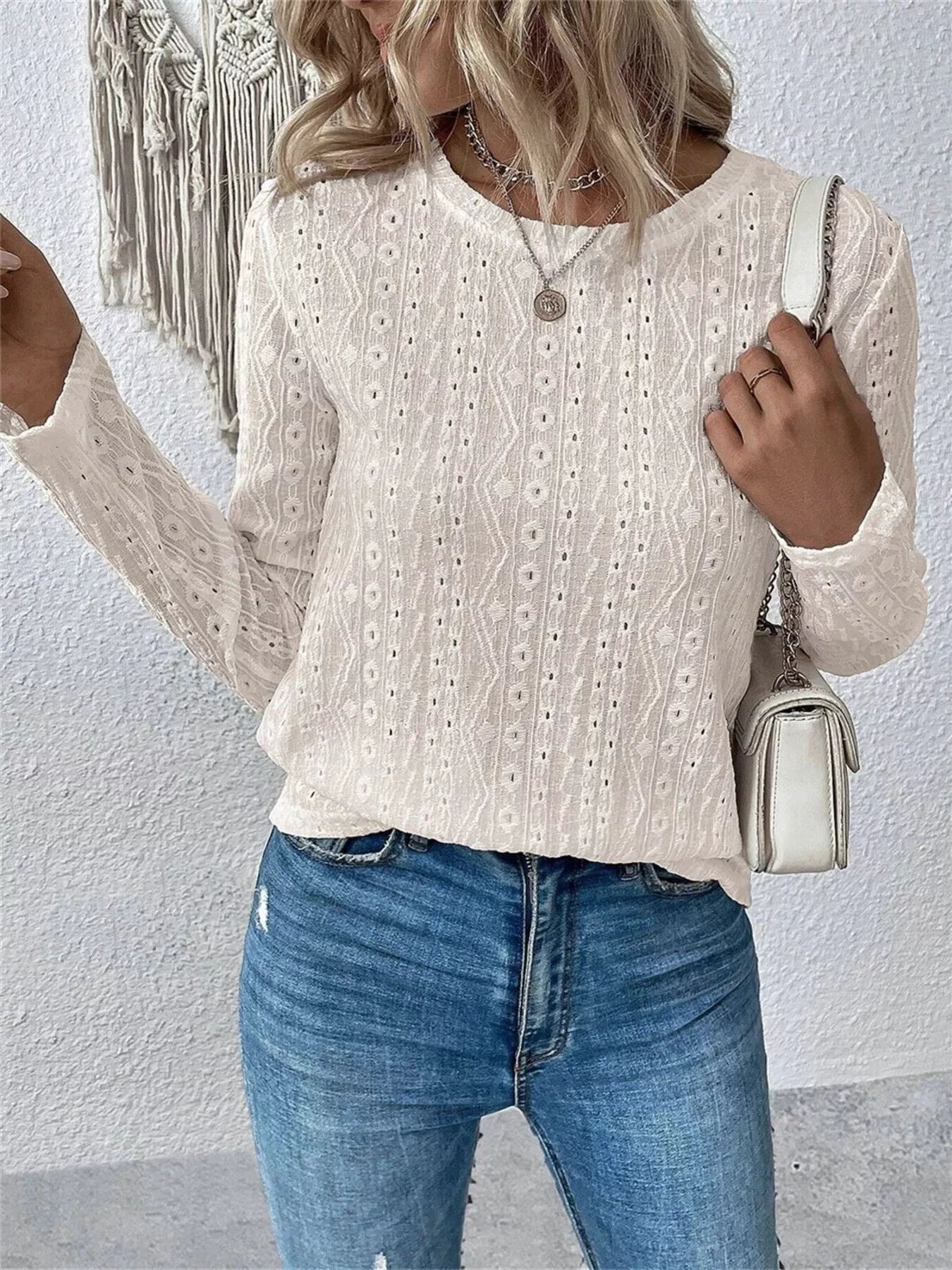 Full Size Eyelet Round Neck Long Sleeve Blouse Plus Size by Lady Ros