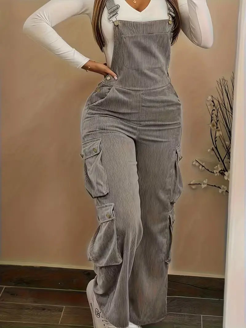 Women Casual Multi Pocket Corduroy Overalls Jumpsuits Straight Leg Cargo Pants by GJG Denim