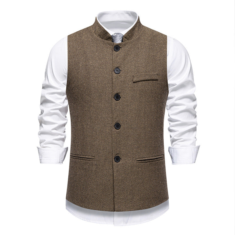 Men's Retro Stand Collar Herringbone Solid Color Suit Vest