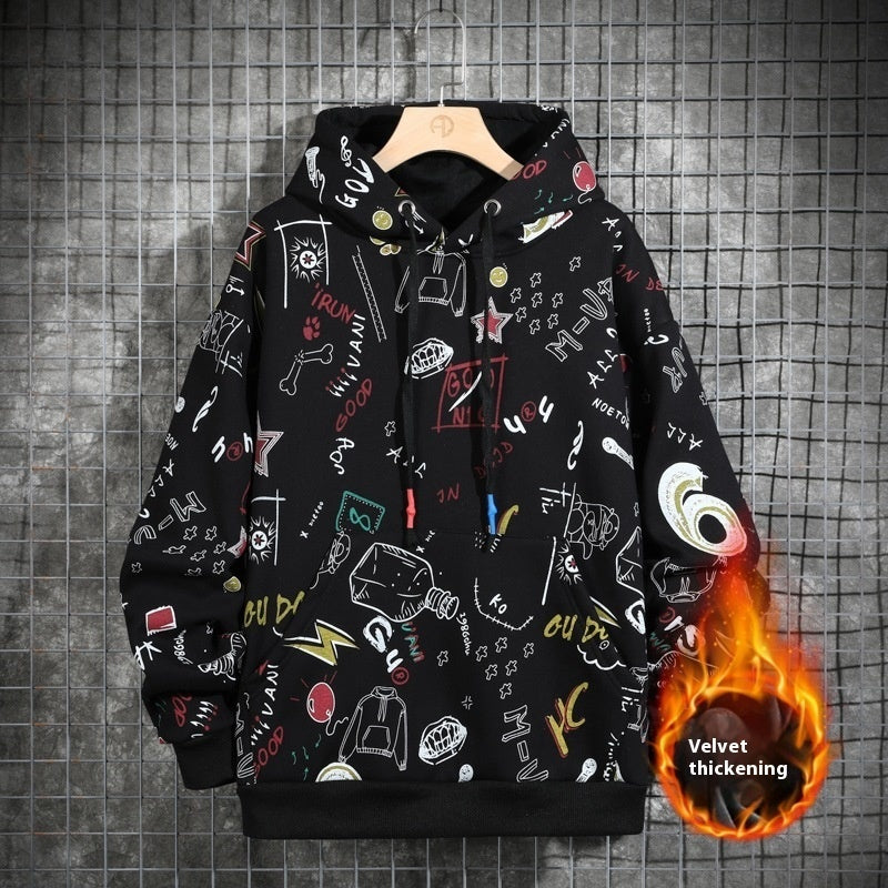 Men's Fleece-lined Graffiti Hooded Sweater