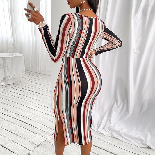 Women's Wrap Chest Striped Long Sleeve Dress