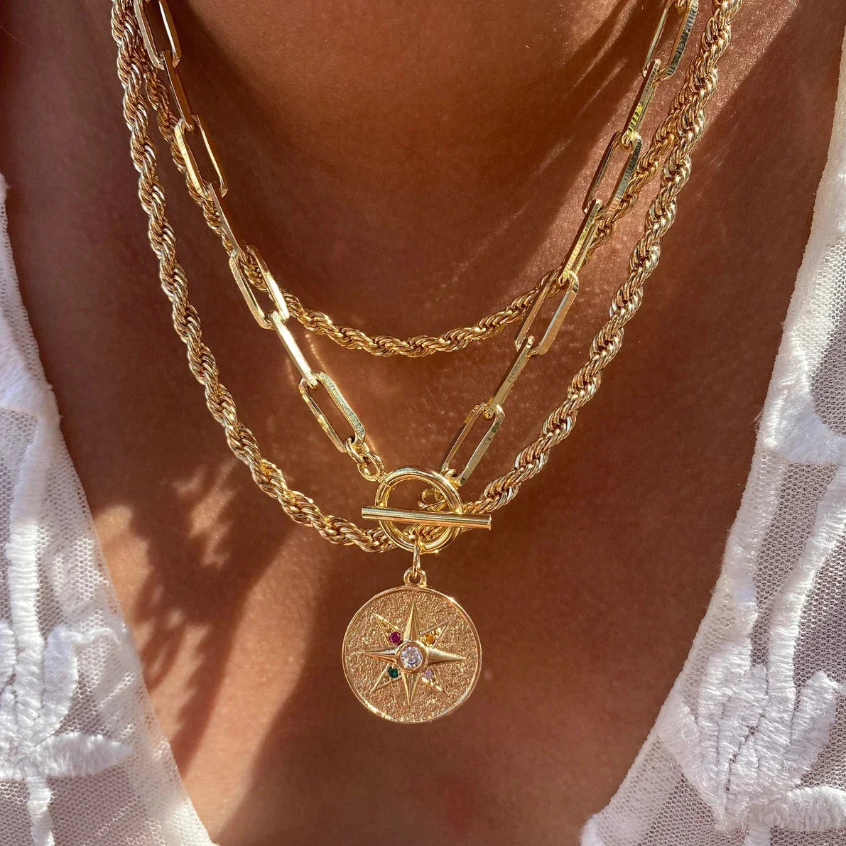 Toggle Chain Zirconia Compass Pendant