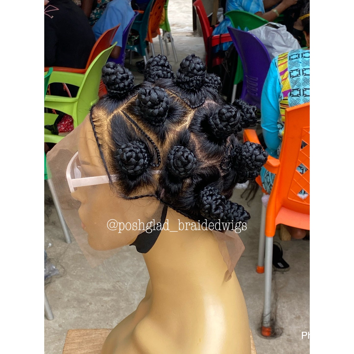 Bantu Knots Wig "Swiss Full Lace" Black Color, Gluless - Joanne