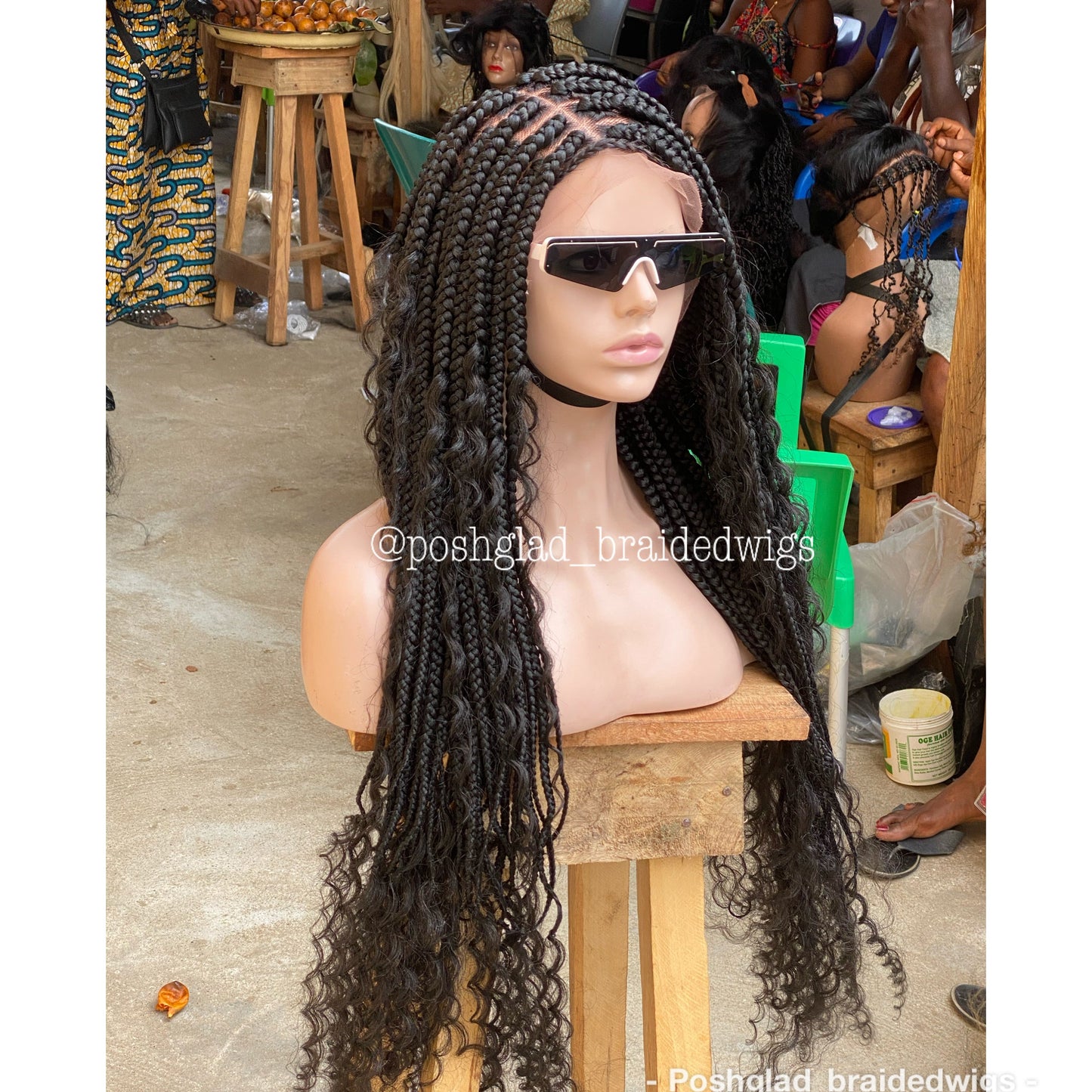 Bohemian Box Braid Wig, Swiss Full Lace, Color 1B, Waist Length - Bailey