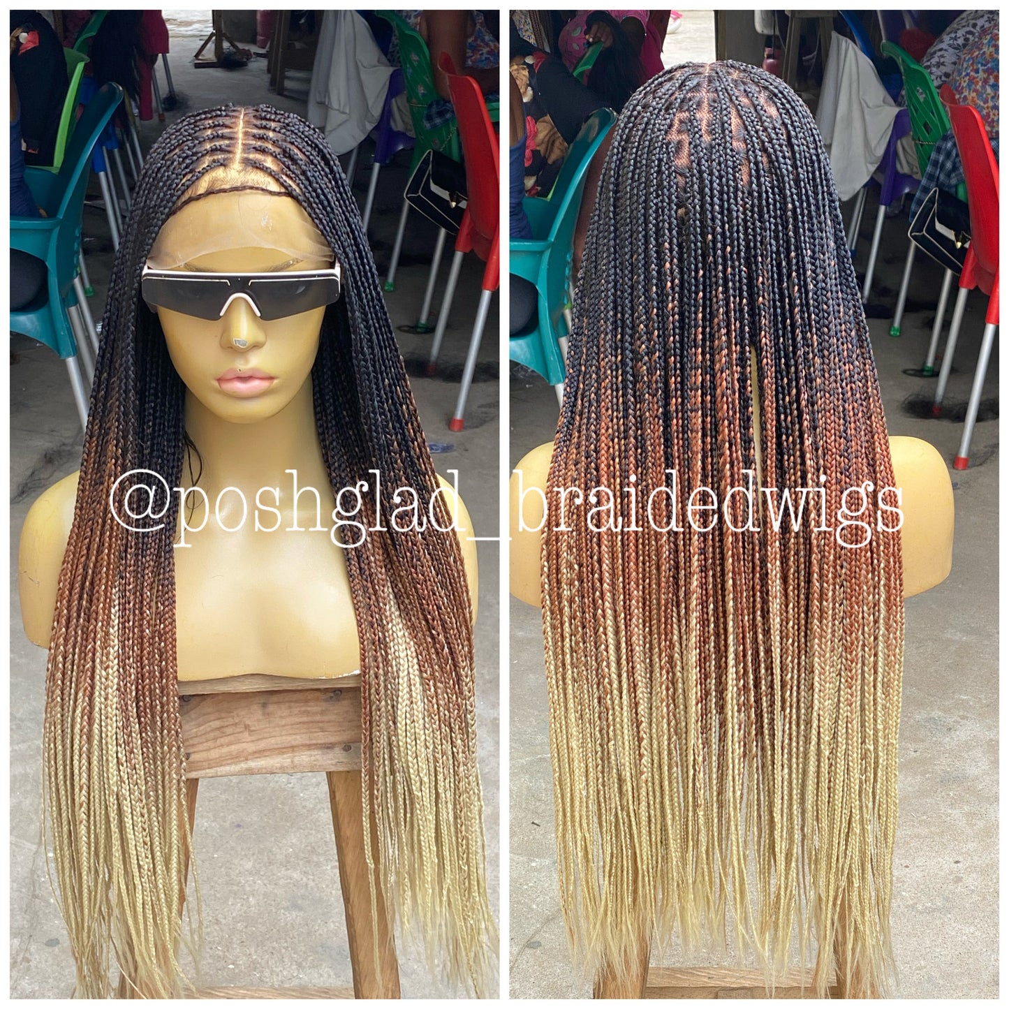 Knotless Braid Wig, Swiss Full Lace, Threetone Color, Waist Length - Gabrielle