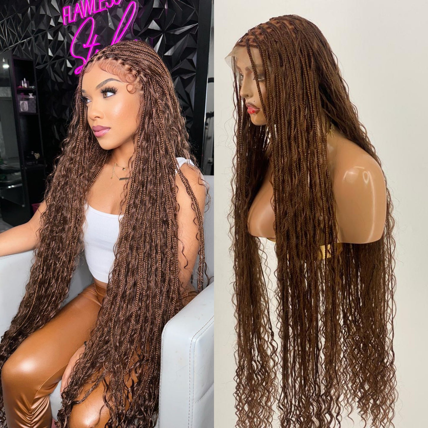 Bohemian Knotless Braid Wig, Swiss Full Lace, Color 30, Tailbone Length - Demi