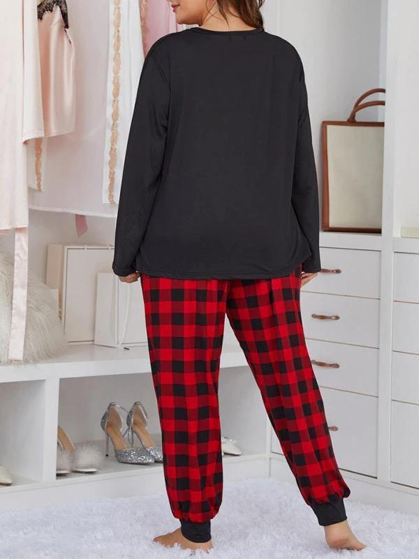 Plus Size Women's Long Sleeve Plaid Trousers Home Pajamas Set by Lady Ros