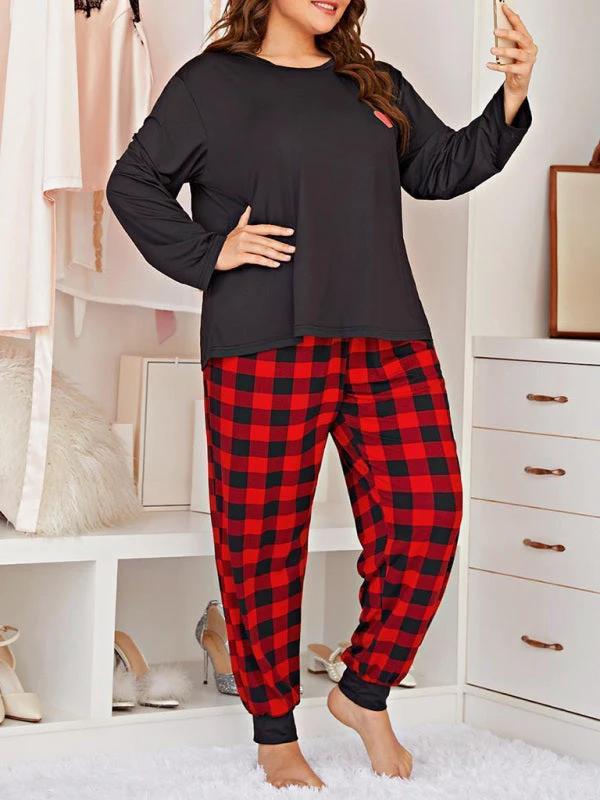 Plus Size Women's Long Sleeve Plaid Trousers Home Pajamas Set by Lady Ros