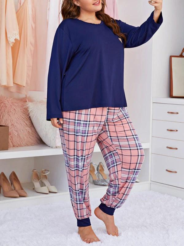 Plus Size Women's Long Sleeve Plaid Trousers Home Pajamas Set by Lady Ros