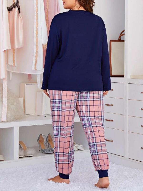 Plus Size Women's Long Sleeve Plaid Trousers Home Pajamas Set by Lady Ros