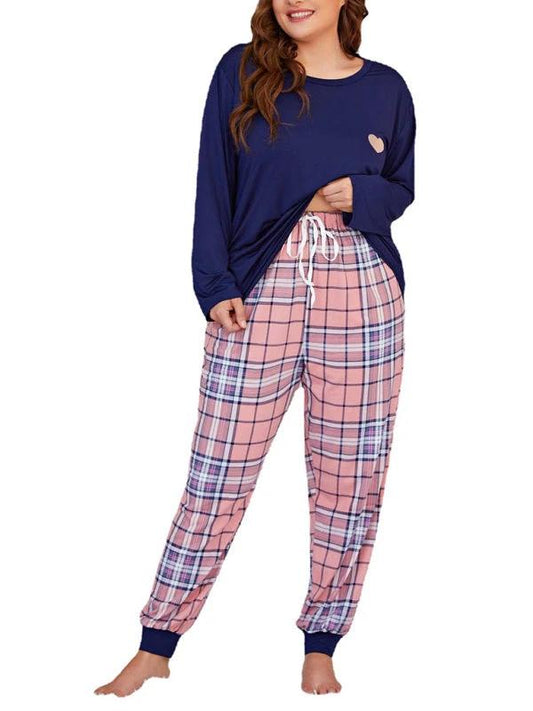 Plus Size Women's Long Sleeve Plaid Trousers Home Pajamas Set by Lady Ros