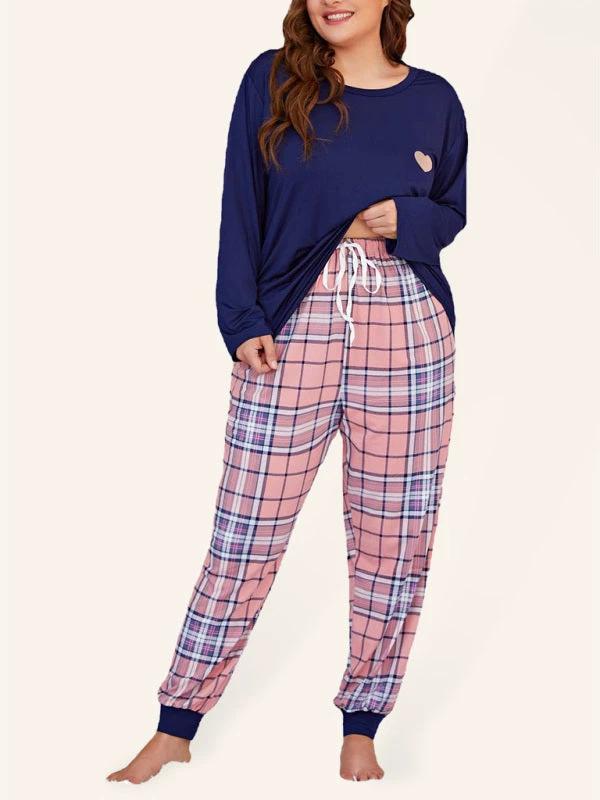 Plus Size Women's Long Sleeve Plaid Trousers Home Pajamas Set by Lady Ros