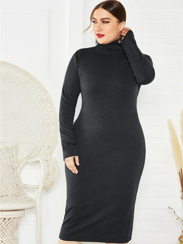 Women's Plus Size Solid Color Knit Turtleneck Long Sleeve Dress by Lady Ros