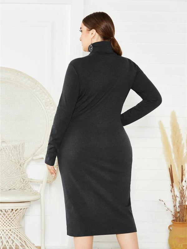 Women's Plus Size Solid Color Knit Turtleneck Long Sleeve Dress by Lady Ros