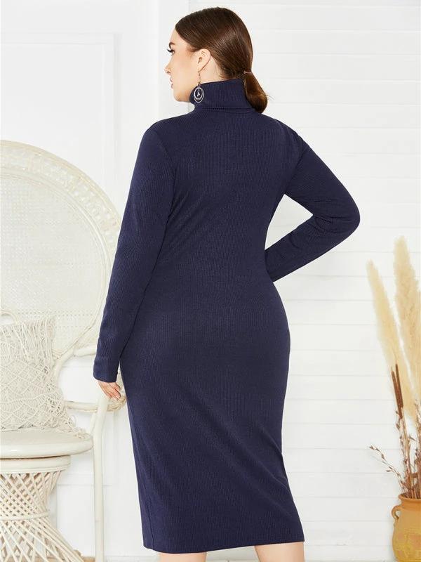 Women's Plus Size Solid Color Knit Turtleneck Long Sleeve Dress by Lady Ros