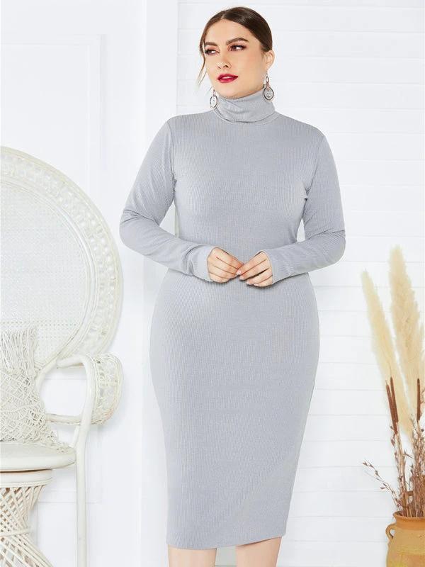 Women's Plus Size Solid Color Knit Turtleneck Long Sleeve Dress by Lady Ros