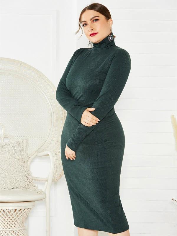 Women's Plus Size Solid Color Knit Turtleneck Long Sleeve Dress by Lady Ros