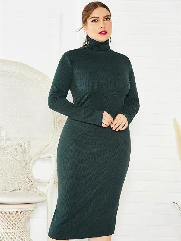 Women's Plus Size Solid Color Knit Turtleneck Long Sleeve Dress by Lady Ros
