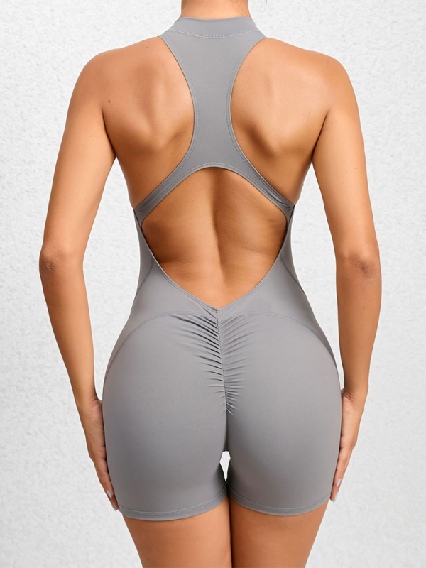 Tight zippered sports yoga pants peach hips one-piece quick-drying pleated fitness Jumpsuit by Lady Ros