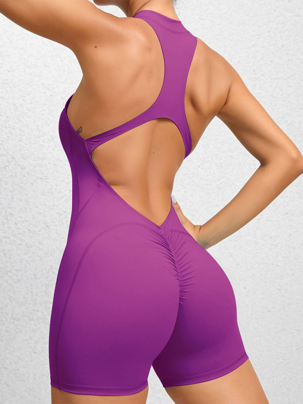 Tight zippered sports yoga pants peach hips one-piece quick-drying pleated fitness Jumpsuit by Lady Ros