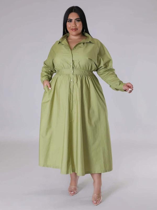 Plus Size Women's Solid Color Long Sleeve Shirt Dresses by Lady Ros