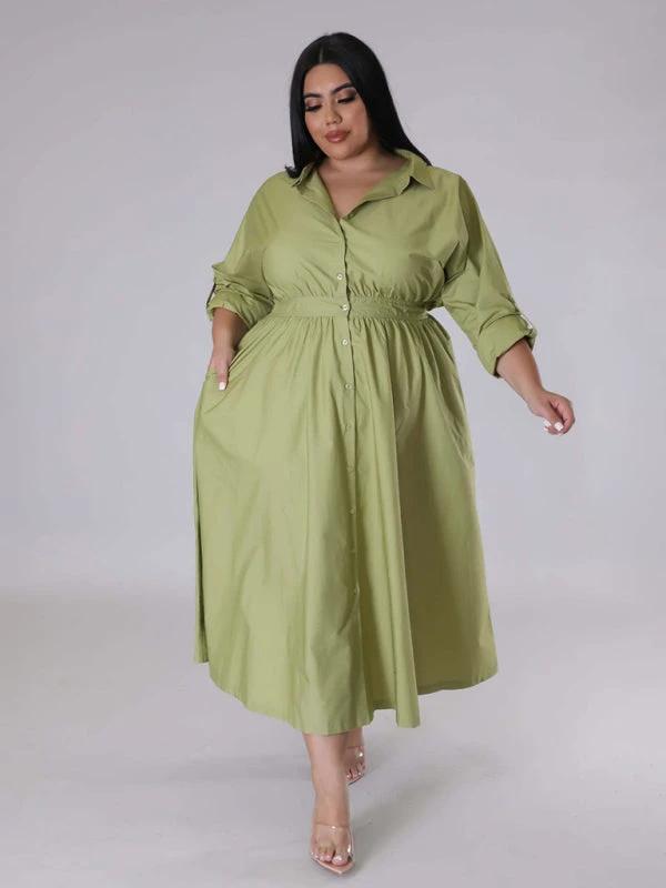 Plus Size Women's Solid Color Long Sleeve Shirt Dresses by Lady Ros