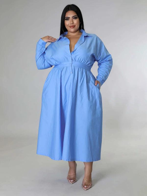 Plus Size Women's Solid Color Long Sleeve Shirt Dresses by Lady Ros