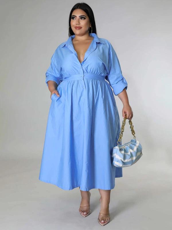 Plus Size Women's Solid Color Long Sleeve Shirt Dresses by Lady Ros