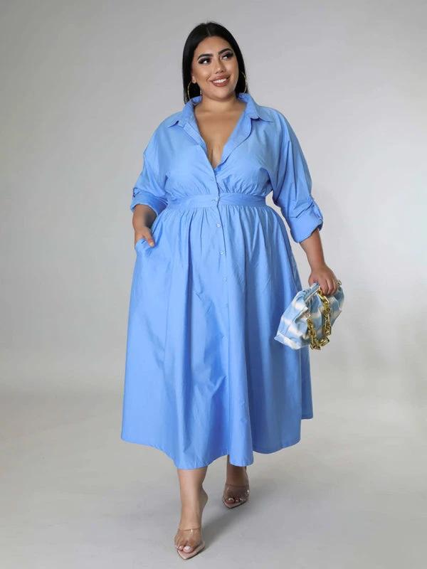 Plus Size Women's Solid Color Long Sleeve Shirt Dresses by Lady Ros