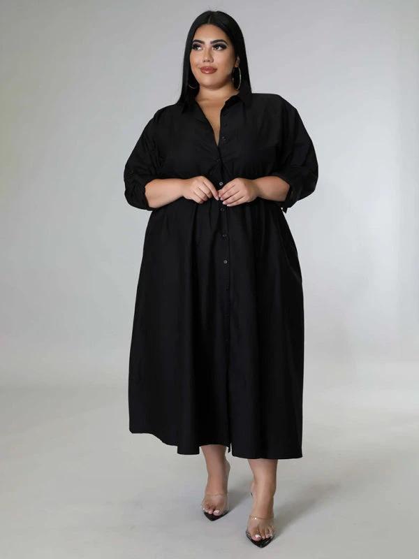 Plus Size Women's Solid Color Long Sleeve Shirt Dresses by Lady Ros