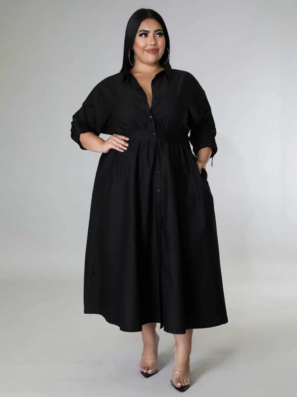 Plus Size Women's Solid Color Long Sleeve Shirt Dresses by Lady Ros