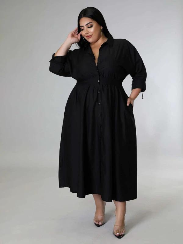 Plus Size Women's Solid Color Long Sleeve Shirt Dresses by Lady Ros