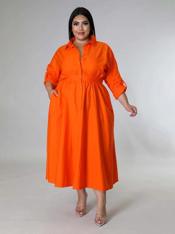 Plus Size Women's Solid Color Long Sleeve Shirt Dresses by Lady Ros