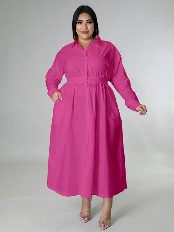 Plus Size Women's Solid Color Long Sleeve Shirt Dresses by Lady Ros