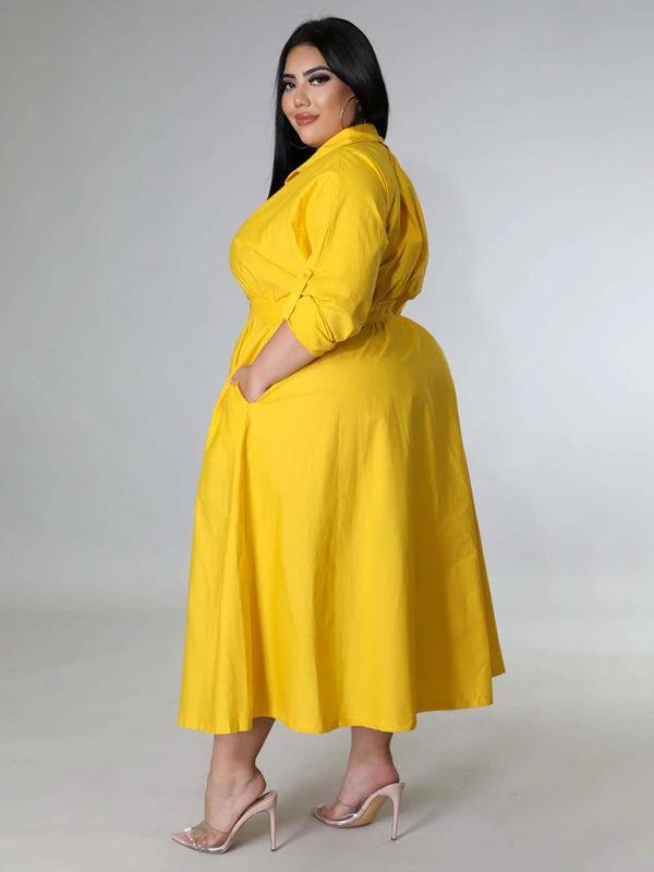 Plus Size Women's Solid Color Long Sleeve Shirt Dresses by Lady Ros