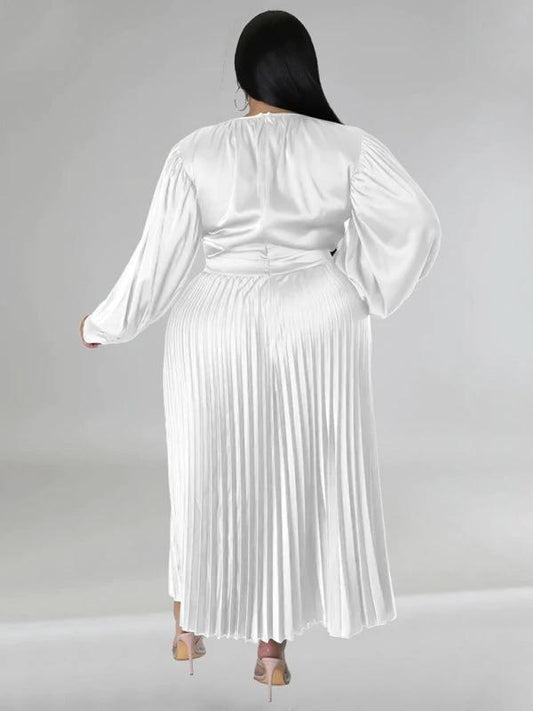Plus Size Women's Pleated Round Neck Long Sleeve Dress by Lady Ros