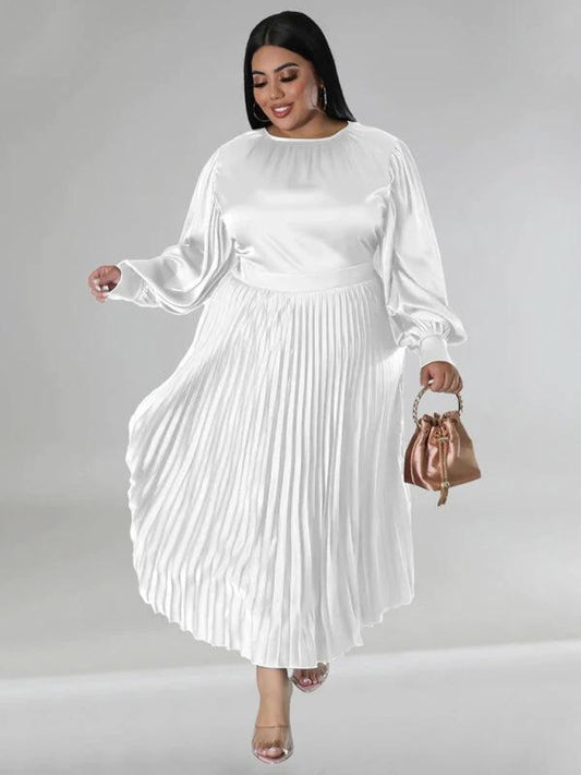 Plus Size Women's Pleated Round Neck Long Sleeve Dress by Lady Ros