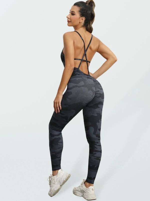 Women's Camo Athletic Jumpsuit - Cross Strap & High Waist Design by Lady Ros
