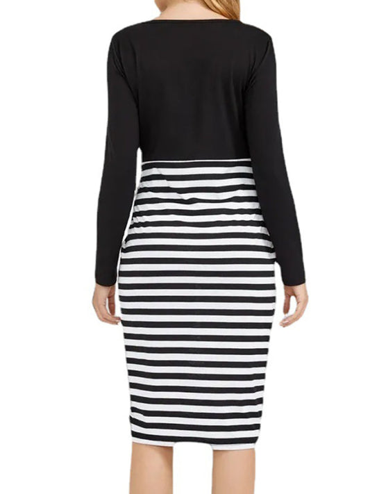 Maternity Dress - Long Sleeve Round Neck Striped Knit Dress