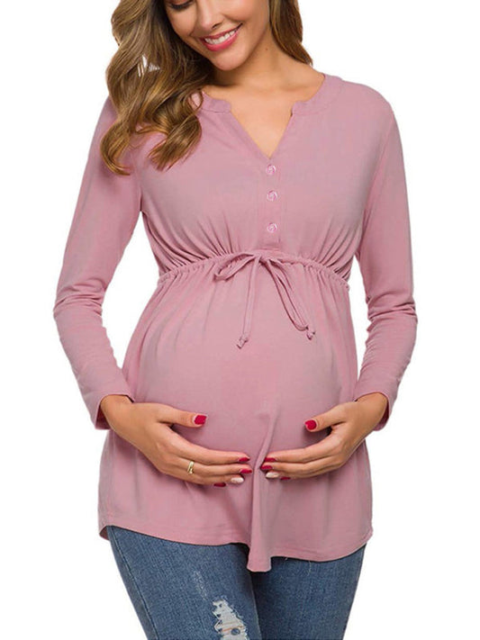 Maternity Cardigan - Long Sleeve V-Neck Drawstring Button Top