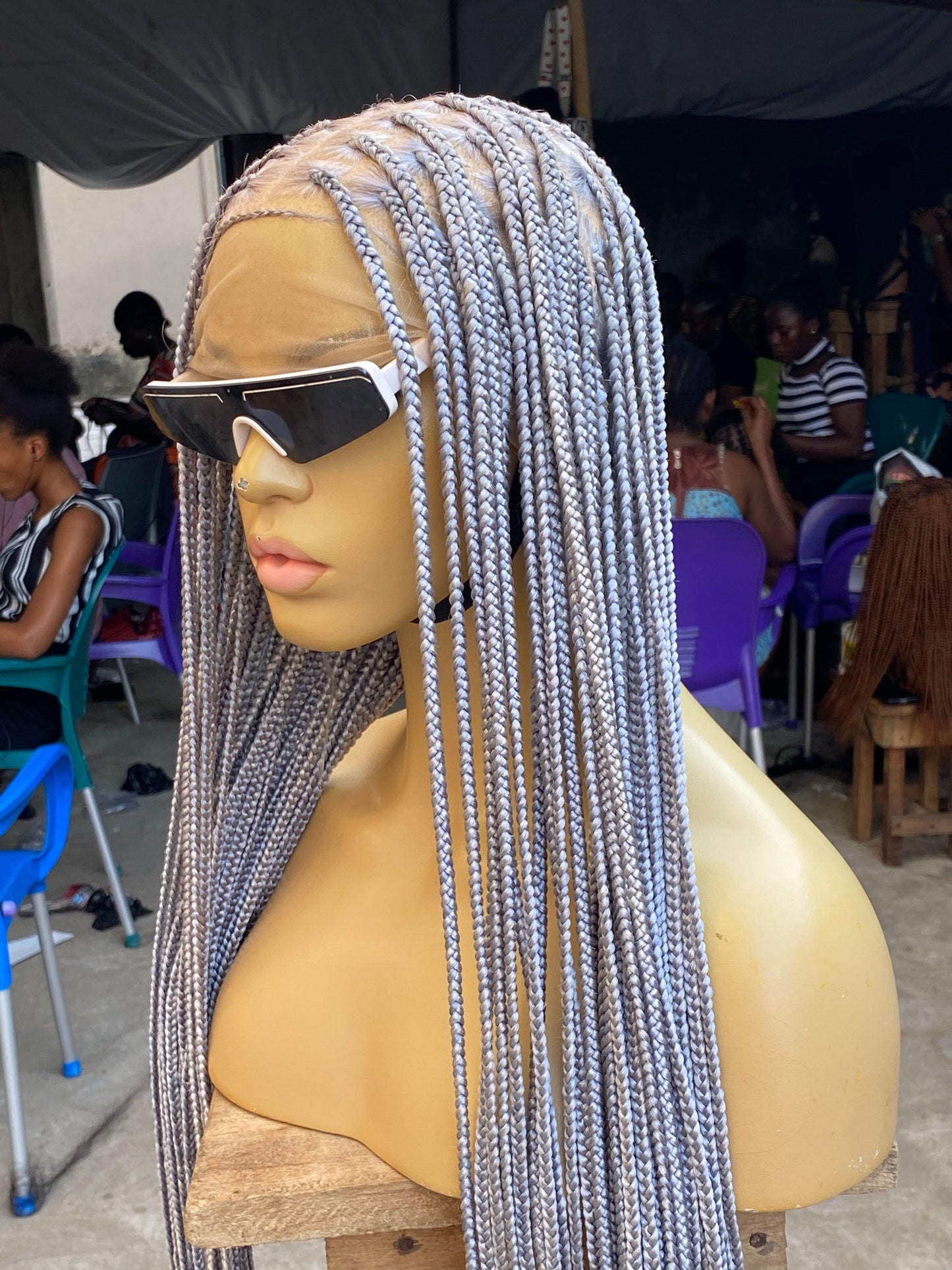 Knotless Braided Wig, Swiss Full Lace, Gray Color, Waist Length, Standard Density - Shawna