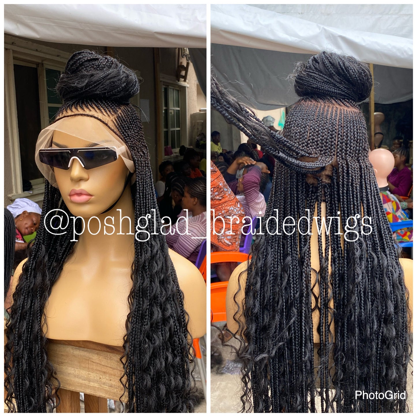 Bohemian Cornrow Braided Wig, Full Lace, Color 1B, Waist Length - Greta