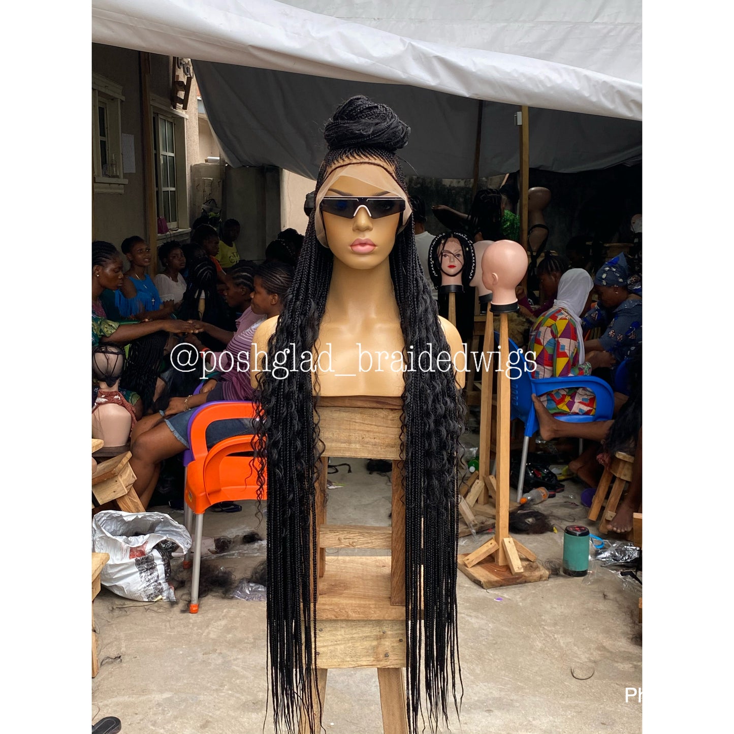 Bohemian Cornrow Braided Wig, Full Lace, Color 1B, Waist Length - Greta