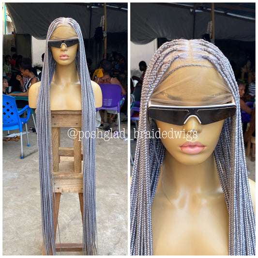 Knotless Braided Wig, Swiss Full Lace, Gray Color, Waist Length, Standard Density - Shawna