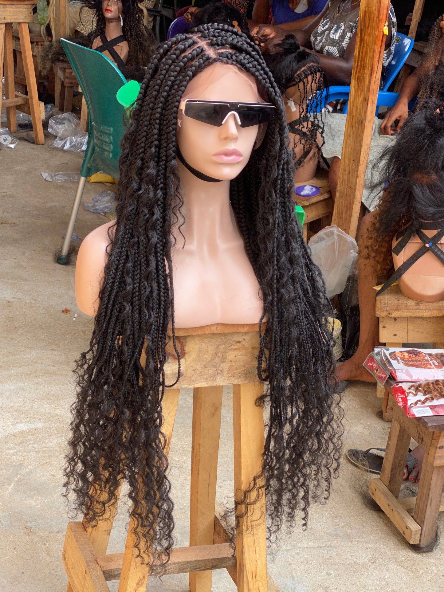 Bohemian Box Braid Wig, Swiss Full Lace, Color 1B, Waist Length - Bailey