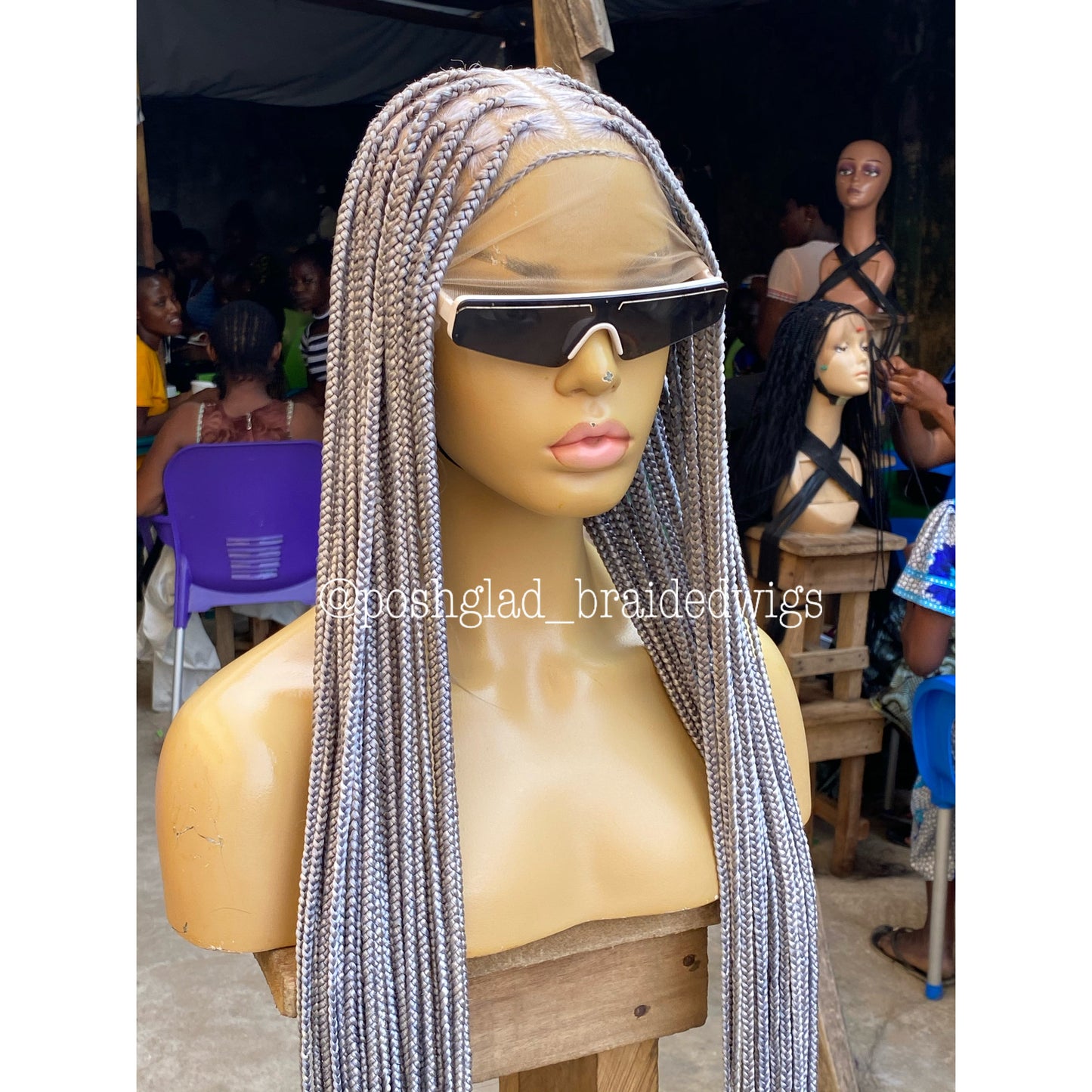 Knotless Braided Wig, Swiss Full Lace, Gray Color, Waist Length, Standard Density - Shawna