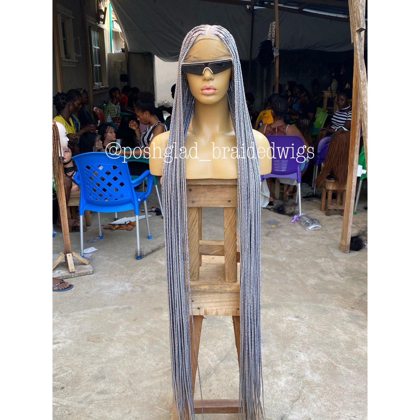 Knotless Braided Wig, Swiss Full Lace, Gray Color, Waist Length, Standard Density - Shawna