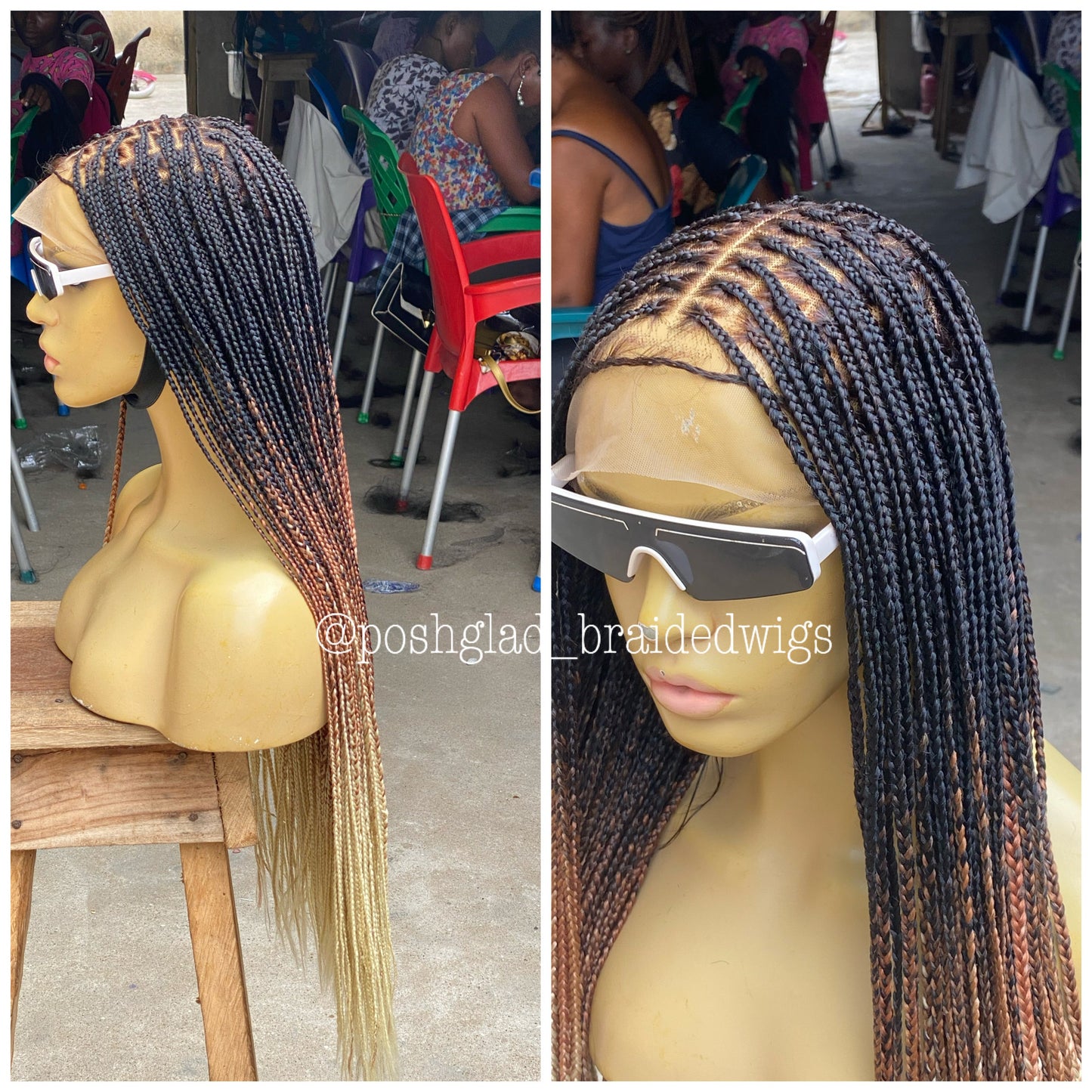 Knotless Braid Wig, Swiss Full Lace, Threetone Color, Waist Length - Gabrielle