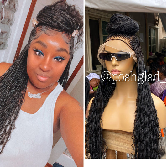Bohemian Cornrow Braided Wig, Full Lace, Color 1B, Waist Length - Greta