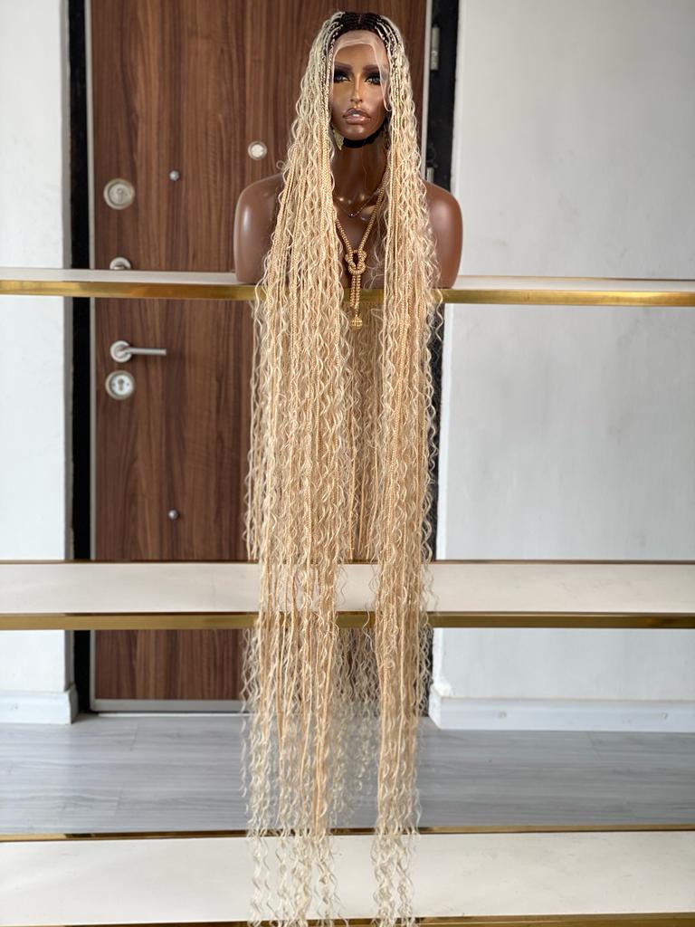 Bohemian Knotless Braid Wig, HD Full Lace, Ankle Length, Blonde, Black Root